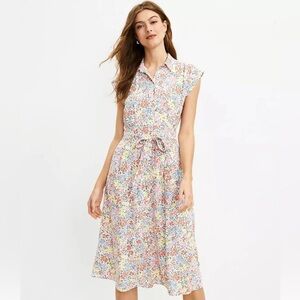 LOFT Multi-Color Floral Tie-Waist Midi Dress